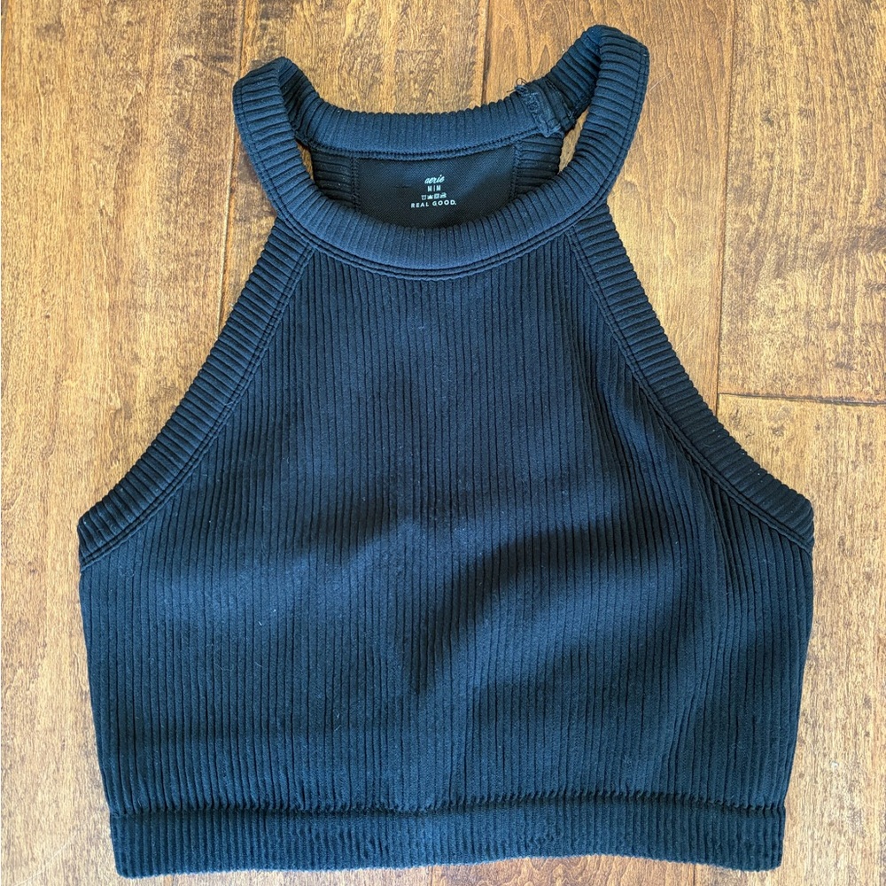 Aerie from American Eagle Ribbed High-Neck Crop Top Black Built in Bra Medium
